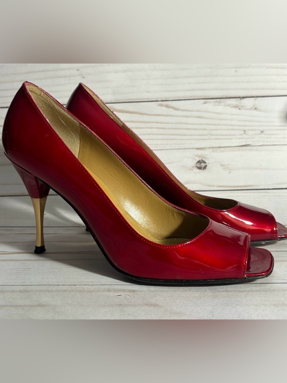 Stuart Weitzman Red Patent Peep-Toe Pumps with Gold Heel